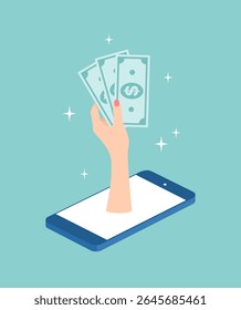 Hand holding banknotes coming out of smartphone screen. Flat vector illustration