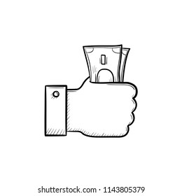 Hand holding banknotes hand drawn outline doodle icon. Spending and exchanging money, paying cash concept. Vector sketch illustration for print, web, mobile and infographics on white background.