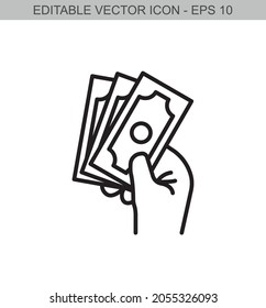 Hand holding banknotes. Editable line icon.