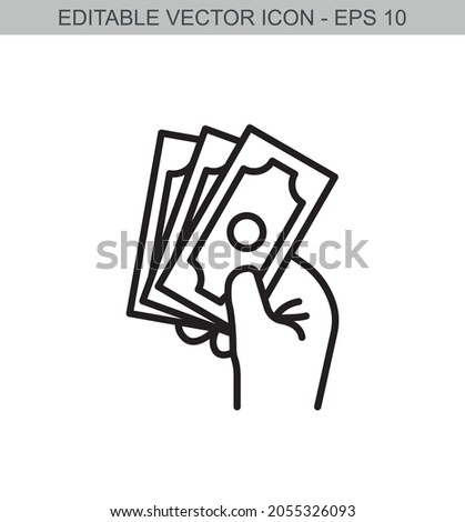 Hand holding banknotes. Editable line icon.