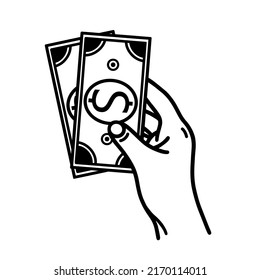 Hand holding banknotes vector icon. Financial operation sketch - buy, sale, credit. Human hand with USA dollars, American bank tickets. Cash, currency symbol, payment sign. Paper bills, outline