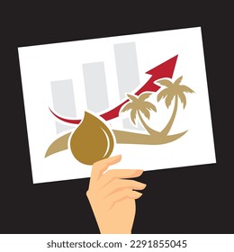 hand holding banner with business chart with desert palms and oil drop