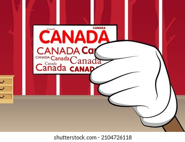 Hand holding banner with Canada text. Arms raised showing billboard. Commercial, Educational Sign.