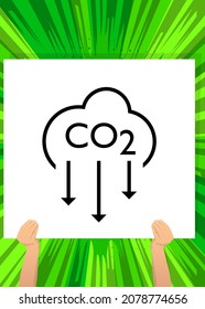 Hand holding banner with CO2 emission sign, Carbon dioxide icon on white paper. Man showing billboard.