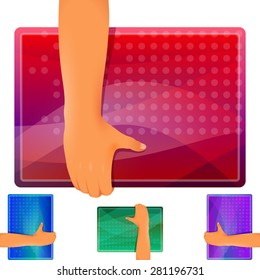Hand holding a banner, cover, folder with space for inscriptions; Carry panel in hand; Realistic image of a hand; Set of different directions and colors; Vector Eps10