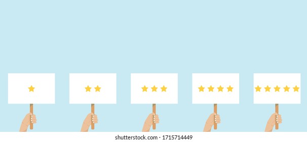 Hand holding banner, customer reviews rating. People give a review rating and feedback. The best estimate of performance, the score of five stars Vector flat cartoon illustration for web