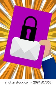 Hand holding banner with encrypted E-Mail sign on paper. Man showing billboard. Protection, secure mail internet symbol.