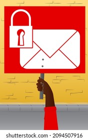 Hand holding banner with encrypted E-Mail sign on paper. Man showing billboard. Protection, secure mail internet symbol.