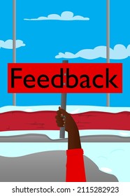 Hand holding up a banner with Feedback text. Showing billboard banner, sign.