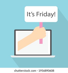 hand holding banner with it's friday quote sticking out of the laptop - vector illustration