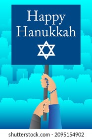 Hand holding banner with Happy Hanukkah text. Man showing billboard, sign. Holiday, celebration advertisement, announcement message.