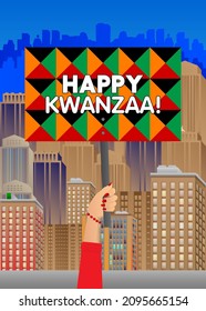 Hand holding banner with Happy Kwanzaa! text. Man showing billboard. Holiday, Celebration sign.