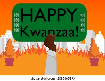 Hand holding banner with Happy Kwanzaa! text. Man showing billboard. Holiday, Celebration sign.