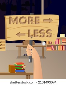 Hand holding banner with More and Less text with arrow. Man showing billboard.