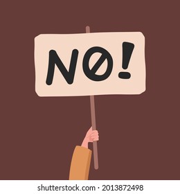 Hand holding banner with no word vector flat illustration. Protesting against something, voting negatively, social movement, meeting, demonstration, activism concept. Human arm with poster.