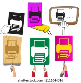 Hand holding banner with Printer sign, icon. Showing billboard. Printing business concept.