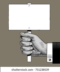 Hand holding banner. Protest concept and sign. Vintage engraving stylized drawing. Vector illustration