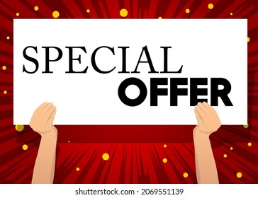 Hand holding banner with Special offer text on white paper. Man showing billboard. Sale, shopping, shop retail business concept.