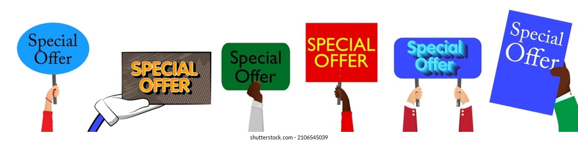 Hand holding up a banner with Special Offer text. Showing billboard banner, sign. Sale, shopping, shop retail business concept.