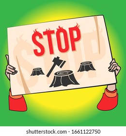 Hand holding banner stop deforestation