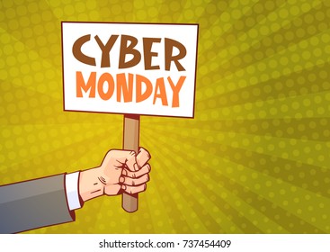 Hand Holding Banner With Text Cyber Monday Over Pin Up Style Background, Sale Deals Design Online Holiday Shopping Concept Vector Illustration
