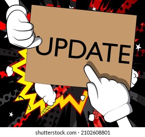 Hand holding banner with Update text. Man showing billboard.
