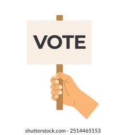 hand holding banner with vote word; promote civic education, encourage voter participation - vector illustration