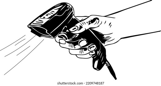 Hand holding bar code scanner illustration, Hand holding qr code scanner sketch drawing, hand holding product code scanner silhouette clip art