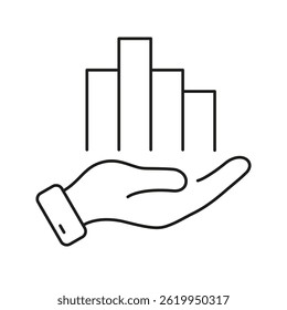 Hand Holding Bar Graph Line Icon. Data Analysis, Business Growth, And Financial Management Outline Symbol. Investment Strategy And Market Trends. Editable Stroke. Isolated Vector Illustration.