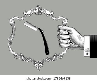 Hand holding a baroque decorative frame with a straight razor. Vintage engraving stylized drawing. Retro concept poster and banner of barbershop. Vector illustration