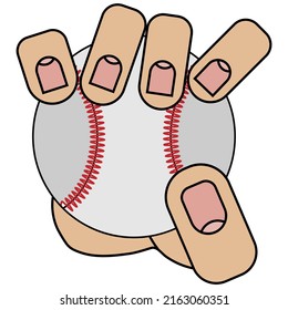 Hand holding baseball ball isolated on white background in cartoon style in vector graphic