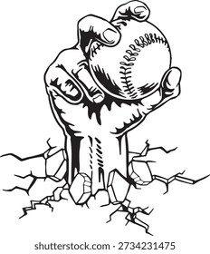 Mano que sostiene la Ilustración vectorial de los deportes del béisbol blanco y negro