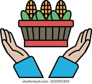 A hand is holding a basket of corn and vegetables. Concept of care and protection, as if the hand is shielding the basket from harm