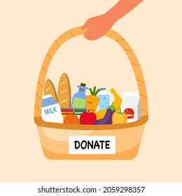 Hand holding basket with vegetables, bread, fruits, beverage and canned food in flat design. Food sharing to poverty in flat design. Food donation concept. Kindness and generosity to poor people.