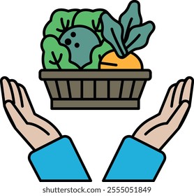 A hand holding a basket of vegetables. The basket is full of vegetables including carrots, broccoli, and lettuce. The hand is holding the basket with care, as if it is a precious gift