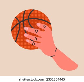 Hand holding Basketball ball colorful objects with texture. Cartoon illustration. Sport, team play concept. Vector flat modern illustration isolated. 