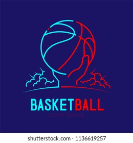 Hand holding Basketball with cloud radius logo icon outline stroke set dash line design illustration isolated on dark blue background with basketball text and copy space