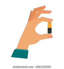 Batería de mano sostenida con vector de dedos. Icono de vector plano multicolor que representa gestos de mano y concepto de acciones aislados en fondo blanco