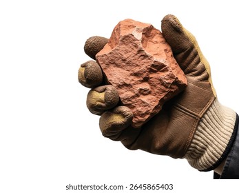 Mão segurando rocha de bauxita isolada no fundo branco - amostra mineral de minério de alumínio natural na mão humana