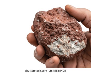 Mão segurando rocha de bauxita isolada no fundo branco - amostra mineral de minério de alumínio natural na mão humana