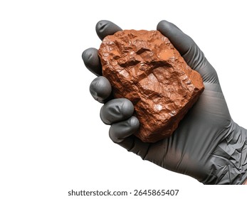 Mão segurando rocha de bauxita isolada no fundo branco - amostra mineral de minério de alumínio natural na mão humana