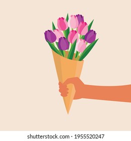 Hand holding a beautiful bouquet of tulips wrapped in craft paper isolated on beige background. Flower bouquet for mother's day, valentine's day,wedding and birthday. Vector illustration flat style.