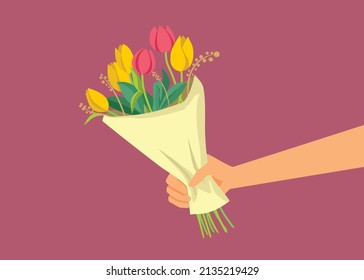 
Hand Holding Beautiful Floral Bouquet Vector Cartoon Illustration. Polite gesture of offering flowers on special occasion 
