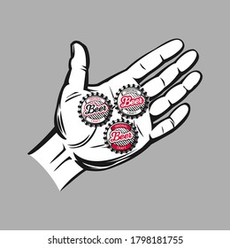 Hand Holding Beer Bottle Caps. Vintage Color Engraving Stylized Drawing. Vector Illustration.