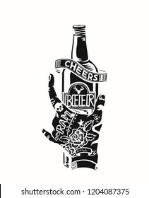 Hand holding the beer bottle - Cheers, vector illustration.