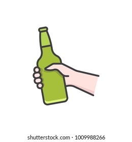 Hand Holding Beer Bottle Flat Line Colored Icon.