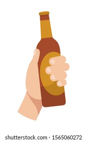 Hand holding beer bottle flat vector illustration. Alcohol beverage, refreshment drink isolated clipart on white background. Party celebration in pub. Oktoberfest festival design element