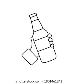 hand holding a beer bottle icon over white background, line style, vector illustration