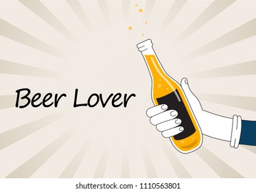Hand holding beer bottle isolated on background. For web site, poster, placard,t shirt and wallpaper template. Useful for app,banner,flyer,leaflet and cover. Creative art concept, vector illustration
