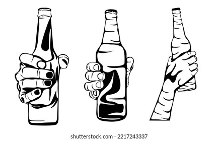 Hand Holding Beer Bottle, Isolated Illustration In Black Color On White Background